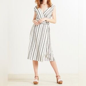 Evereve Clara Striped Linen Blend Wrap Midi Dress Black White Size XSmall